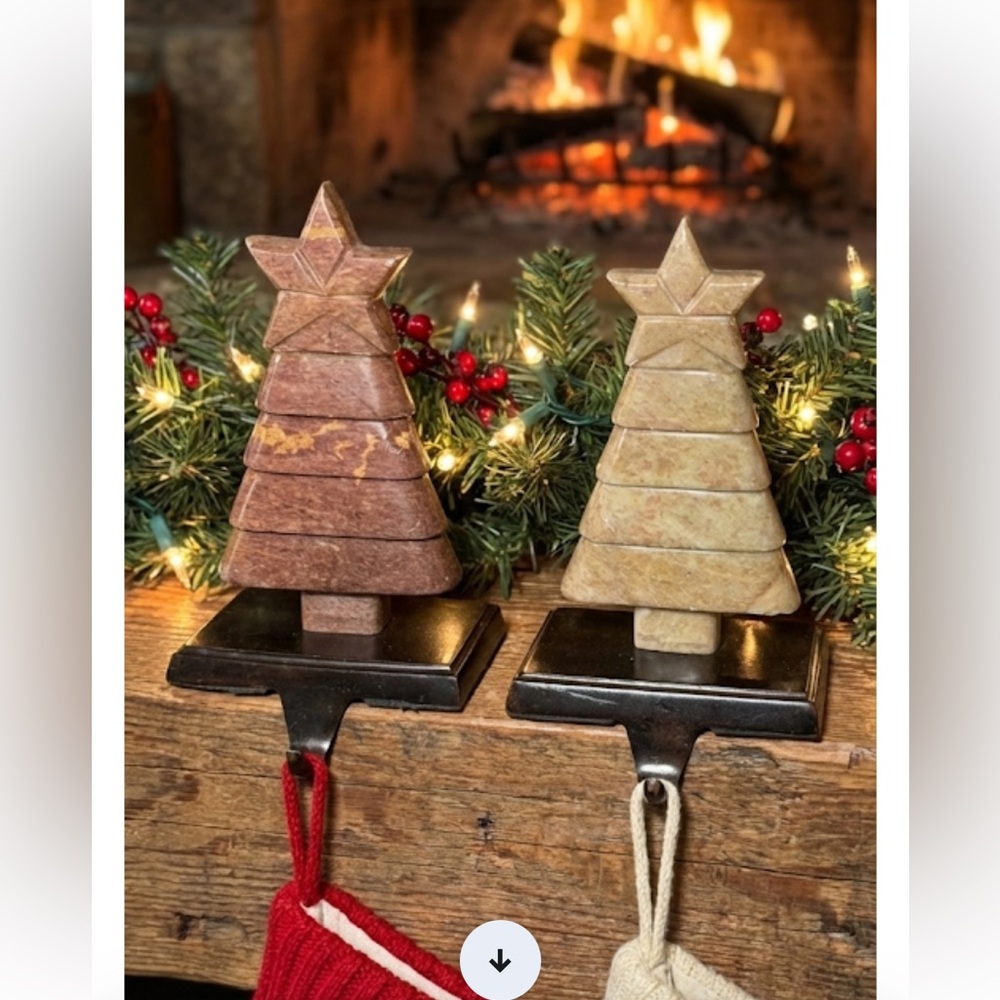 Set of 2 Carved Stone Xmas Tree Stocking Hangers Heavy Weighted Rustic Decor